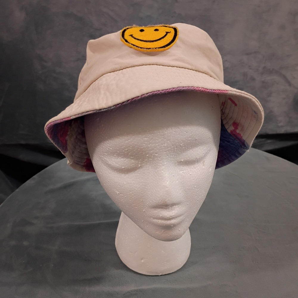 Reversible Smiley Face Bucket Hat White Tie Dye Pink Blue Cotton Sun Hat